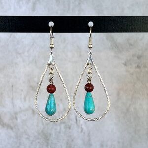 French Wire Turquoise Red Teardrop Dangle Earrings